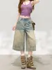Calça jeans feminina cropped estilo retrô americano, nova tendência verão 2026, versátil, plus size, solta, cintura alta, perna larga, comprimento médio