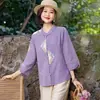 Camisa Feminina Bordada Verão Novidades Roupas de Verão Jacquard Algodão Linho Estilo Chinês Retro Botões de Sapo Gola Alta Manga Três Quartos Top