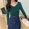 7702 # Hilo de Mecha # Foto Oficial Otoño Nuevo Suéter Básico de Punto para Mujer Aspecto Adelgazante Color Sólido Cuello en V Manga Larga