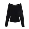 Camiseta de Tricô Manga Longa Assimétrica Decote Bardot Estilo Hot Girl com Tachas e Strass para Mulheres, Temporada de Outono Cós Ajustado Elástico Slim Fit Manga Morcego