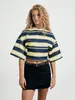 Camiseta corta a rayas Y2K transfronteriza europea y americana más vendida para mujer, corte holgado, adelgazante, cuello redondo, manga media, estilo casual y cropped