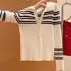 Suéter de Tricô Patchwork Listrado Tendência com Gola Polo Abotoada e Manga Longa para Mulheres, Outono 2025, Ajuste Slim, Top Base