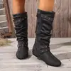 Botas Casuales Diarias con Remaches y Doble Hebilla Fruncidas, Botas de Media Pantorrilla Planas Redondas con Pliegues y Cremallera Lateral, Botas de Moda para Mujer