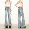 Novas chegadas: Jeans Clássico de Cintura Alta com Barra Reta e Wide Leg, Fácil de Vestir, com Design de Etiqueta de Couro em Cores Claras, Suporta Dropshipping