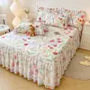 Saia de Cama Renda Algodão Integral Peça Única Renda Estilo Coreano Estilo Princesa Lençol de Cama 100% Algodão para Cama 1.8m Cobertura de Cama Fronha Conjunto de Três Peças