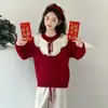Suéter Infantil 2025 Inverno Novo Estilo Meninas Espessado Vermelho Festivo Roupa de Ano Novo Pulôver Malha Tendência