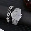 2 piezas/set Pulsera de Reloj a juego Estilo Hip-hop Esfera Grande Incrustaciones de Diamante Correa de Acero Reloj Pulsera Completamente de Diamante