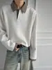 Sudadera Blanca con Empalme Houndstooth Americano Estilo Old Money Otoño para Hombre Camisa Polo de Manga Larga Camiseta con Solapa Pesada