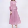 Moda Primavera y Verano Vestido Plisado 2025 Nuevo Transfronterizo Elegante Elegante Cuello Redondo Manga Larga Falda de Longitud Media Ropa de Mujer