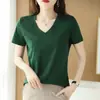 Suéter Feminino Manga Curta Gola V Clássico Simples Cor Sólida Camisa Básica Elegante 2026 Primavera e Verão Novo Estilo Camiseta de Algodão Mercerizado