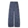 F9063 Estilo Retrô Americano Unissex High-End Resistente Múltiplos Bolsos Design Solto Masculino Calça Casual de Trabalho de Perna Larga