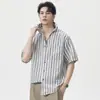 Camisa a Rayas de Manga Corta Retro de Lujo Ligero Estilo Old Money Talla Grande para Hombre, Verano Cuello Cubano Holgada Casual Estilo Americano