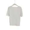 Tejido de punto sin costuras de una sola pieza de lino variegado con cuello de una línea, manga corta, cuello redondo, camiseta interior fina y suave, top versátil para mujer