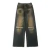 Estilo Americano Retrô Vento Sujo Lavado Velho Borracha Cintura Jeans Rasgado Calças Retas Largas Masculinas Primavera e Verão 2024