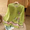 Blusa Camisa Cheongsam Estilo Chinês com Gola Oblíqua e Botões, Novo Verão Algodão e Linho Retrô Manga Três Quartos Estilo Nacional Bordado Literário Étnico