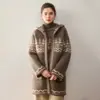 Conjunto de punto de cachemira de dos piezas para mujer, jacquard Fair Isle, cuello alto, manga raglán, chaqueta con capucha de longitud media, top