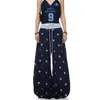 Pantalones Casuales de Pierna Ancha con Estampado Curvo para Comercio Transfronterizo, Estilo Verano Pantalones Deportivos Versátiles con Diseño de Estrella Vintage, Estilo Americano
