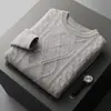 Suéter de Lana 100% Pura para Hombre Otoño e Invierno, Cuello Redondo, Patrón de Diamantes Grandes, Suéter de Lana Engrosado de Tres Hilos de Cinco Agujas, Suéter Base Tejido