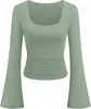Camiseta Europeia Americana Garota Picante Cor Sólida Gola Quadrada Manga Flare Feminina Estilo Outono 2026 Slim Fit Franzido Top Valorizador Manga Longa