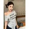 Camiseta de Verano Talla Grande para Mujer con Estampado de Letras 'mm', Hombro Descubierto, Manga Corta, Top de Tirantes Dulce, Sexy y Chic para Adelgazar la Cintura