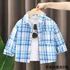 Camisas Infantis para Meninos 2026 Novas Camisas Xadrez de Algodão Estilosas para Bebês, Moda Primavera e Outono Cardigans com Gola de Lapela para Crianças Pequenas e Crianças