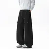 Pantalones cargo beige de pierna ancha con cordón para hombre, estilo outdoor, con grandes bolsillos con cremallera, corte holgado, caída fluida, casual, pantalones de largo completo