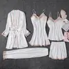 Conjunto de Pijama de Cinco Piezas para Mujer de Primavera y Verano, Camisón Sexy Delgado de Seda Helada con Tirantes, Seda con Almohadilla en el Pecho, Ropa de Casa para Todas las Estaciones