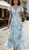 Vestido de Moda para Vacaciones Transfronterizo de Amazon Estilo Europeo y Americano Cuello en V Elegante con Volantes Estampado Floral Romántico Ceñido en la Cintura Línea A