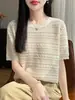 Camiseta de punto de lana fina de punto fino de manga corta para mujer, verano, nuevo diseño, sentido del ganchillo, hueco, suelta, adelgazante, top de encaje