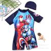 Traje de baño infantil comercio exterior digital una pieza súper genial estampado patrón traje de baño tipo bóxer para niños medianos y grandes con gorro de natación