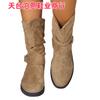 2025 Exportación Transfronteriza Moda Europea y Americana Otoño e Invierno Nuevas Botas de Cuero para Mujer Plisadas Vaqueras Occidentales Punta Redonda Media Pantorrilla Botas para Mujer