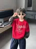 Sudadera con Estampado de Letras y Bloques de Color en las Mangas para Niños, Primavera y Otoño, Estilo Coreano, Pulóver Infantil, Chaqueta Casual, Top Versátil para Bebé