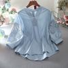 Algodão Verão Decote V Elegante Manga Média Design Vazado Tamanho Grande Solto Casual Slim Versátil Camisa Top Feminino