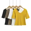 WS9327-26 Otoño Estilo Coreano Ajustado Reversible Cuello en V Liso Básico Manga Corta Sudadera Camiseta