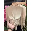 Top base de manga larga estilo europeo, color blanco carbón, cuello alto medio, para mujer, nuevo para otoño e invierno, corte ajustado, adelgazante, moderno