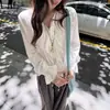 Camisa Branca com Babados Franceses para Mulheres Outono Camisa Boneca Design Solto de Manga Longa Senso de Design Nicho Top com Decote V e Amarração