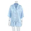 Transfronterizo 2024 Verano Europeo y Americano Fresco y Cómodo Cárdigan de Satén Ropa de Casa para Mujer Manga Tres Cuartos Shorts Ropa de Casa para Mujer