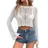 Top Corto de Ganchillo Blanco Calado con Mangas Acampanadas Transversales Europeo y Americano Moda Retro Versátil Cubre-Todo