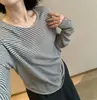 Camiseta fina de manga larga a rayas para mujer, estilo coreano, casual, holgada, versátil, adelgazante y moderna