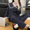Conjunto de pijama floral estilo coreano para mulheres, fino de algodão nuvem para primavera e outono, gola boneca, manga longa, calça longa, conjunto solto para casa