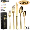 Conjunto de talheres de aço inoxidável 304 Amazon para uso transfronteiriço, 20 peças, para 4 pessoas, faca, garfo e colher ocidentais para bife
