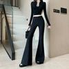 Calça Casual Flare Preta Elástica Transfronteiriça Design 2025 Corte Tridimensional Emagrecimento Alongamento das Pernas Comprimento Total