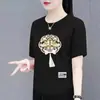 Camiseta de Manga Curta Estilo Nacional Novo para Mulheres no Comércio Exterior Transfronteiriço, Top da Moda e Rejuvenescedor em Estilo Chinês para Senhoras de Meia-Idade