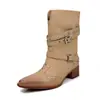 Botas Martin con Remaches para Mujer, Botas de Motociclista, Piel de Vaca, Nuevo Estilo Otoño/Invierno, Punta Cuadrada, Tacón Medio Grueso, Botas de Media Pantorrilla con Hebilla, Botas Casuales para Mujer
