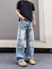 Jeans retro americanos desgastados con orejas de gato para hombres y mujeres, marca de moda callejera, geniales y casuales, corte holgado, pantalones rectos de pierna ancha