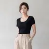 Camiseta de manga corta con cuello en U Yizhi para mujer, nuevo estilo de verano, color liso, corte ajustado, longitud corta, elástica, versátil, adecuada para ir al trabajo