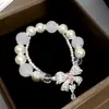 Pulsera de Perlas con Abalorios, Lazo Blanco Congelado de Lichi, Diamantes Completos, Pulsera de Lujo Ligero, Pulsera con Sensación de Alta Gama, Pulsera Retro Francesa para Mujer