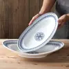 Prato de Louça de Melamina Xiangyuanmei Prato para Peixe Grelhado Oval Azul e Branco Comercial Prato de Guarnição Comercial para Hotel Restaurante Cozinha