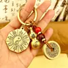 Chaveiro de Cabacinho do Zodíaco com Amuleto Tai Chi Bagua de Cinábrio, Corda Amarela, Moedas dos Cinco Imperadores, Pingente Unissex Estilo Antigo