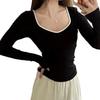 316# cachemir antibacteriano ropa cálida estilo Hepburn color de contraste copa integrada otoño e invierno engrosado cepillado cuello de rombos top de manga larga